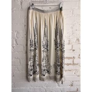 Max Studio London Floral Midi Skirt Cream Black Linen Blend Pockets Large